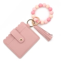 Pink silicone bead bracelet with PU leather card holder and tassel keychain - Light Pink
