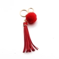 Vibrant red faux fur pompom and PU leather tassel keychain with gold lobster clasp - Tassel With Fur Ball (C4) / Red