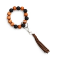 Pulsera llavero retro de cuentas de madera con estampado de leopardo y borla de cuero - Marrón