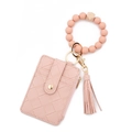 Pink silicone bead bracelet keychain with PU leather card wallet and stylish tassel charm - Pink