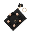 Black leather wallet with gold butterfly logo and silicone beaded bracelet keychain - Black