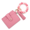 Pink silicone bead bracelet with matching PU leather card holder and tassel keychain - Deep Pink