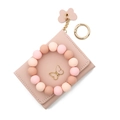 Pink PU leather wallet keychain set with silicone beads and gold butterfly charm - Pink