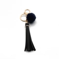 Dark blue plush ball and black PU leather tassel keychain with gold metal clasp hook - Tassel With Fur Ball (C6) / Black