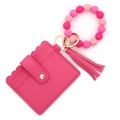 Magenta silicone bead wristlet with PU leather tassel and card holder keychain - Rose Red