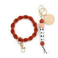 Brick red woven keychain with silicone MAMA beads and natural wood tag pendant - Red