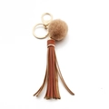 Brown PU leather tassel keychain with a khaki faux fur ball and golden lobster clasp - Tassel With Fur Ball (C7) / Brown