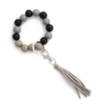 Portachiavi a bracciale con perle in silicone leopardato grigio e nappa in scamosciato - Grigio