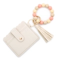 Silicone bead bracelet with cream wave pattern PU leather card holder and tassel - Beige