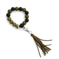 Portachiavi bracciale con perline di legno leopardate e verde militare con nappa in pelle - Verde Oliva