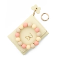 Creamy beige leather card holder with colorful silicone beads and butterfly pendant - Light Yellow