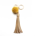 Fashionable PU leather long tassel and yellow faux fur pompom keychain with gold-plated clip - Tassel With Fur Ball (C8) / Gold