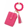 Rose red PU leather lattice card holder with silicone bead bracelet keychain set - Rose Red