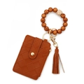 Brown woven PU leather card holder wallet with silicone bead bracelet keychain and tassel - Brown