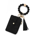 Black woven PU leather card holder with silicone bead wristlet and gold hardware keychain - Black