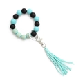 Bracciale portachiavi a perle nere e blu con stampa leopardata oro e nappa blu - Azzurro