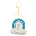 Handmade woven rainbow keychain in cyan and light blue shades with cotton tassels - Turquoise Green