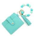 Mint green silicone beaded bracelet keychain with PU leather card wallet and stylish tassel - Mint Green