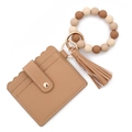 Coffee silicone bead bracelet with brown PU leather card holder and tassel keychain - Khaki