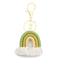 Handmade woven rainbow keychain with green and yellow cotton rope and white fringe - Bright Green