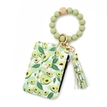 Floral avocado print card holder with green silicone bead bracelet and tassel keychain - B1 Avocado Green