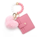 Portachiavi con perline di silicone rosa, pompon a cuore e porta carte in pelle - Rosa