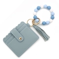 Morandi blue silicone bead bracelet with wave edge leather card holder wallet - Gray Blue