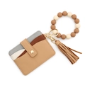 Silicone bead bracelet keychain set with multi-color leather card holder wallet - Khaki
