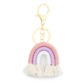 Handmade rainbow keychain in pink and purple cotton rope with a golden lobster clasp - Pink Purple White