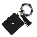 Black leather card holder keychain with silicone bead wristlet and tassel accent - Black
