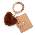 Bracelet en perles de silicone tons terre avec pompon cœur et porte-carte en cuir marron - Khaki