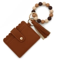 Brown leather bead bracelet card holder wallet with tassel and golden ring keychain - Dark Coffee