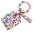 Pink butterfly print PU card holder keychain with purple beads and leather tassel - Colorful Butterfly