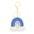 Handmade rainbow keychain in blue and purple woven cotton with white fringe tassel detail - Blue