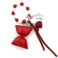 Red and white silicone beaded keychain with a faux leather bow and heart pendant - Red