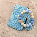 Silicone bead keychain with blue pixel plaid card holder and tassel on stone background - Woven Pattern Blue