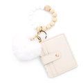Porte-clés bracelet en perles silicone avec pompon blanc et petit portefeuille beige - Blanc