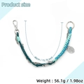 Dettaglio portachiavi intrecciato in pelle e metallo con foglia e specifiche di misura - Blu (Ciondolo Foglia Verde)