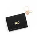 Minimalist black tri-fold PU leather wallet with gold bowknot and heart keychain - Black