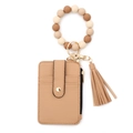 Set portacarte in pelle marrone con bracciale in perle di silicone e nappa dorata - Cachi