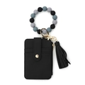 Black lychee leather card holder wallet with blue and grey silicone bead wristlet strap - Black