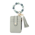 Light green leather card wallet with multicolor silicone bead wristlet and tassel - Gray