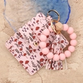 Detail of pink floral card holder with silicone bead bracelet and PU leather tassel keychain - 5# Light Pink Mushroom