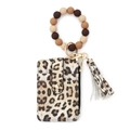 Leopard print card wallet with brown silicone bead wristlet and white fringe tassel - Yellow Leopard