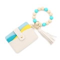 Multicolor PU leather card holder with beaded silicone bracelet and tassel keychain - Beige