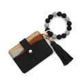 Silicone bead keychain bracelet with multi-color patchwork PU leather zipper wallet - Black
