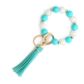 Mint green silicone beaded wristlet keychain with white marble beads and tassel pendant - S4 Peacock Green