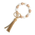 Silicone bead keychain bracelet with khaki and white beads and leather tassel - Khaki