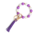 Purple silicone beaded wristlet keychain with marble beads, gold ring, and leather tassel - Dark Purple