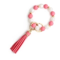 Pink and white silicone beaded keychain bracelet with faux leather tassel and gold ring - Barbie Pink